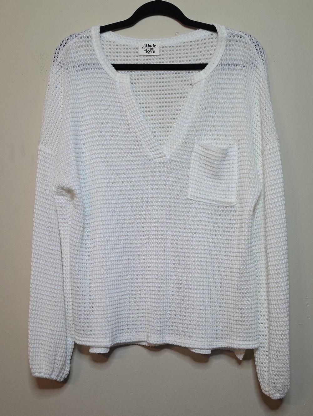 Made With Love Long Sleeve Waffle Knit White V-Neck Semi Sheer